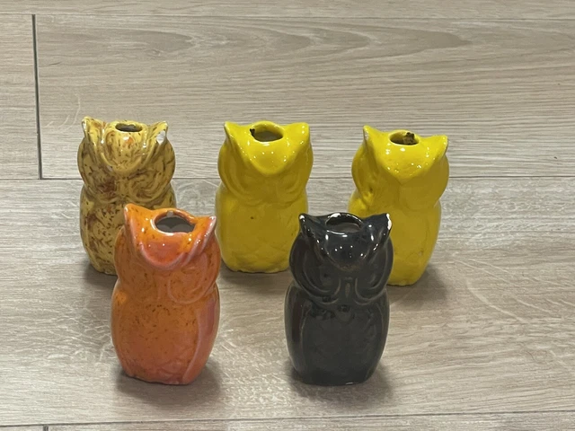 Vintage Ceramic Owl Macrame Beads Set of 5 Mid-Century Modern MCM