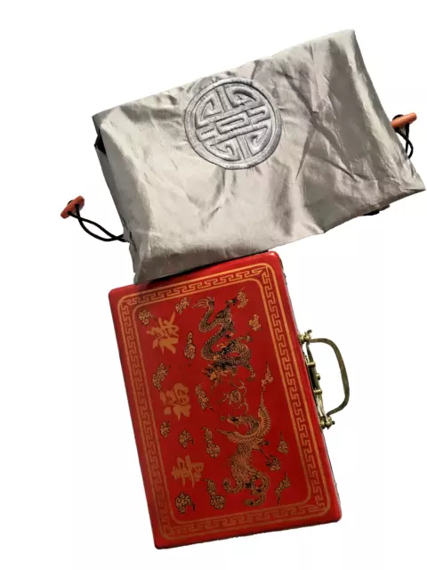 Mahjong Vintage 144 piece in red leather Dragon box with English instructions