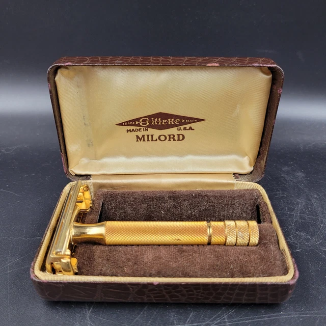Vintage 1940's Gillette Milord Gold Tone TTO DE Razor in Original Case