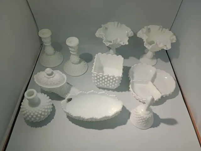 Fenton Hobnail White Glass c1960s – 1970s collection of TEN items