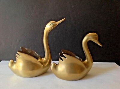 Vintage Pair of 4-1/2 LBS Solid Brass Swans Planters or Decorative Vases