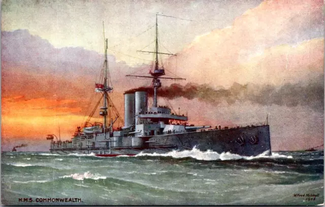 Postcard HMS Commonwealth Battleship Sunset AS W.F. Mitchell Tucks#9183 AP-TU