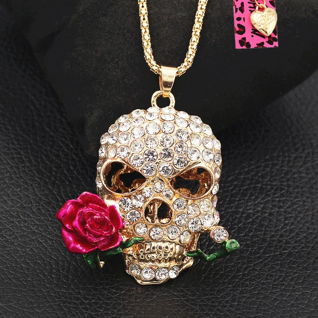 Betsey Johnson Enamel Crystal Rose Flower Skull Head Pendant Chain Necklace