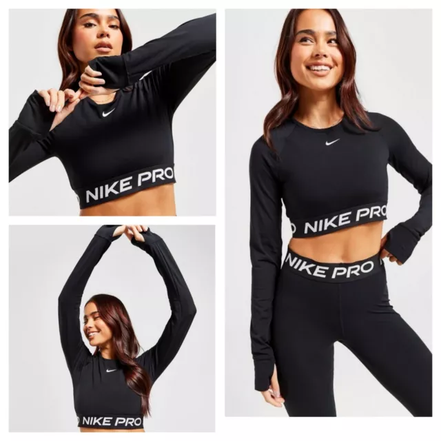 Nike Pro Training Long Sleeve  Crop Top Design 2024 Black XS to XL UK RRP £40