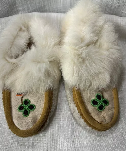 Vintage Native American Beaded Leather Moccasins with Fur Trim 9” L