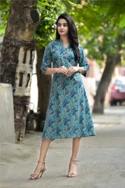 Indian Cotton Teal Blue Floral S Size Kurti Women Clothing Dress Handmade Kurtis