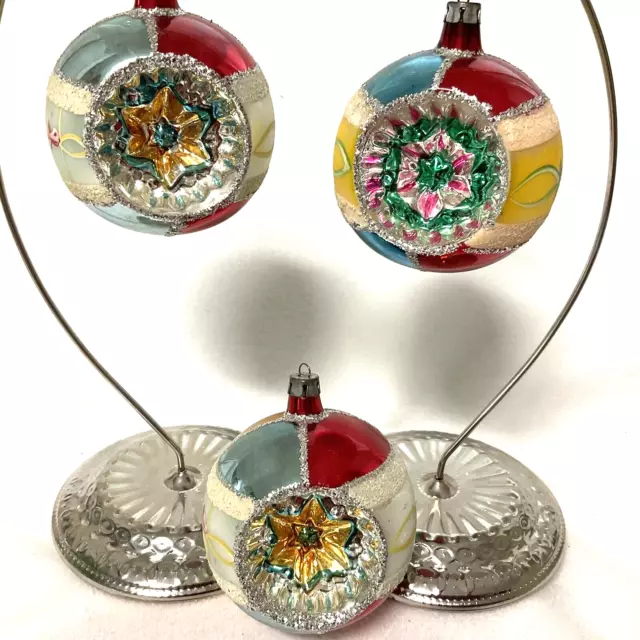 3 Vintage Mercury Glass Hand Blown Mica Indented Reflector Ornaments Poland