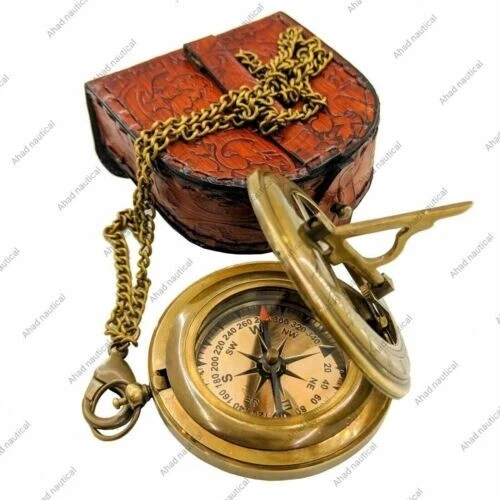 Antique Brass Nautical Pocket Sundial Compass With Leather Case Marine Working