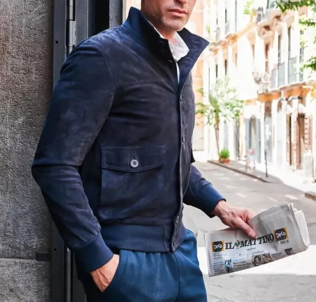 New Blue Leather Jacket Men Pure Suede Slim Fit Flight/Bomber Size S M L XL XXL
