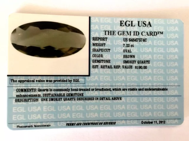 Egl Usa Certified & Appraised 7.22 Ct Oval Brown Natural Smoky Quartz Value $190