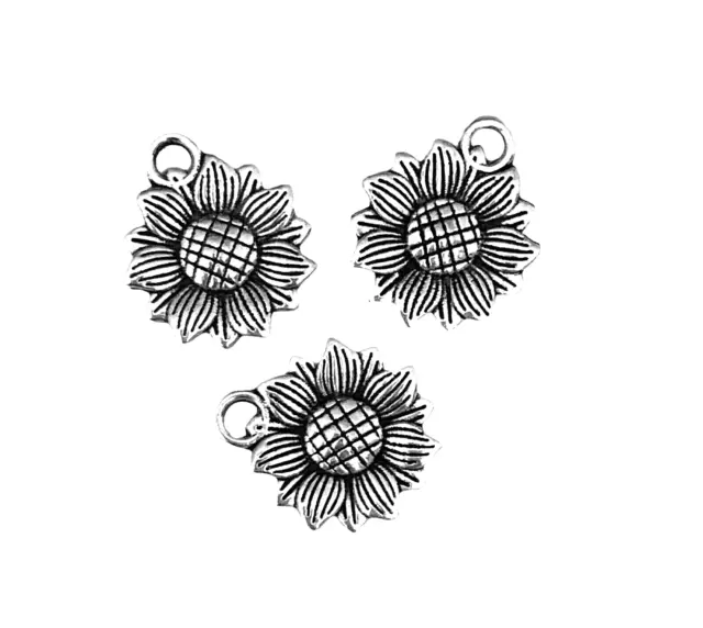 10 pcs Sunflower Charms Antiqued Silver 18x15mm Floral Bead Drop Focal Pendants