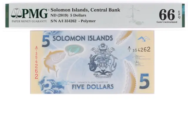 Solomon Islands 5 Dollars Year 2019 Banknote p38a PMG Gem UNC 66 EPQ