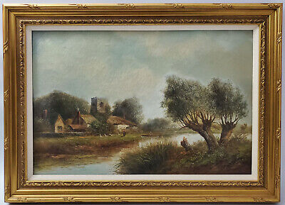 Joseph Thors 19Th Century Landscape Oil Painting Of A Duck Pond By A Cottage