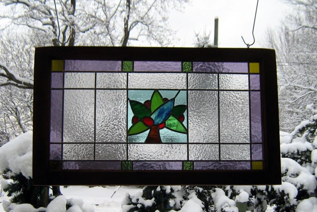 large leaded framed stained glass panel transom*antique wooden window decor art