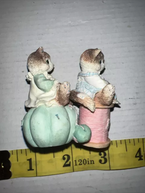 Two Enesco Rare Calico kittens Cat on pin cushion thimble And Spool figurines 2
