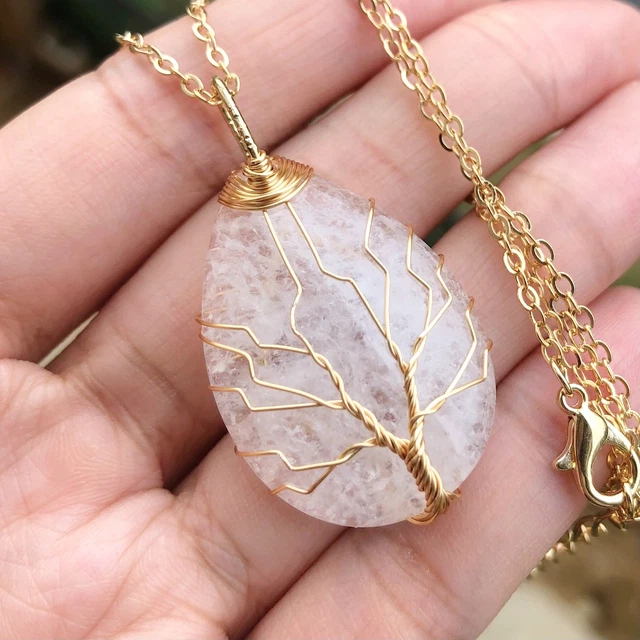 Rock Quartz Tree Of Life Necklace Chakra Water-Drop Reiki Healing Amulet