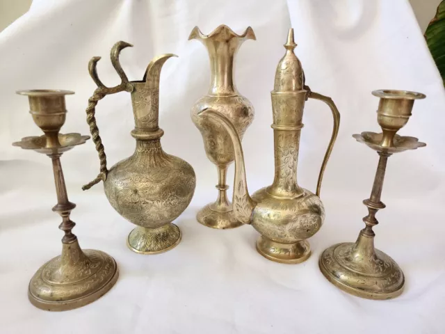 Vintage brass 5 decorative items, India Etched...9.5 inch.Teapot, Candlesticks