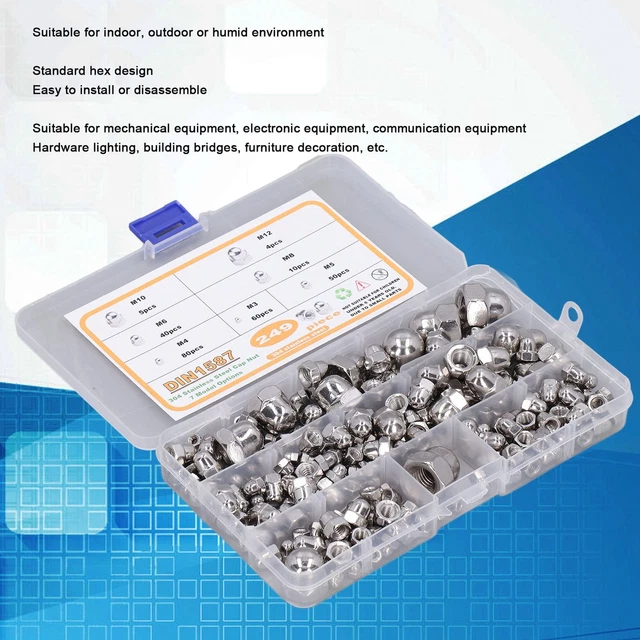 249Pcs Acorn Hex Cap Nuts Assortment Kit M3‑M12 DIN1587 304 Bright Finish♪