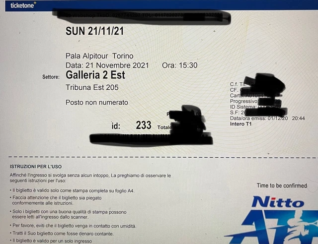 Vendo 1 biglietto per le NITTO ATP FINALS TORINO - FINALE 21 NOV