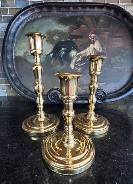 Set 3 PartyLite Brass Candle Holder 5, 6,  7.5” Tall Coated to Prevent Tarnish