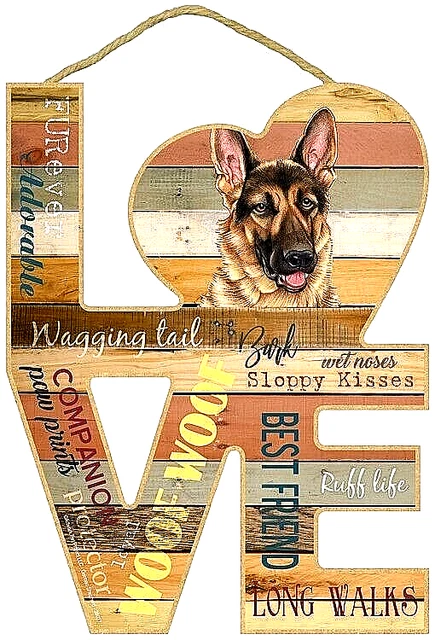 GERMAN SHEPHERD LOVE 8" x 11" Wood Cut Out Sign w/ Rope Attached #3  - NEW