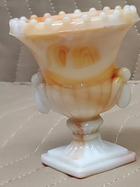 Vtg. Akro Agate signed NYC Vogue Merc Co USA Orange & White Swirl Sheraton Vase 3