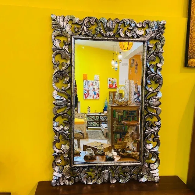 Specchio Coloniale Etnico Cornice Floreale Legno