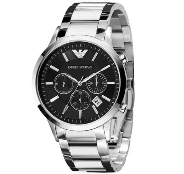 Luxury Genuine Emporio Armani Mens AR2434 Watch Black Dial Silver Steel