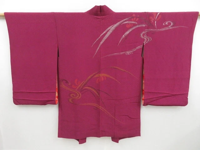 2724T02z570 Vintage Japanese Kimono Silk HAORI Flower Wine red