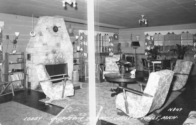 CRYSTAL FALLS Michigan RPPC postcard Iron County Chippewa resort lobby