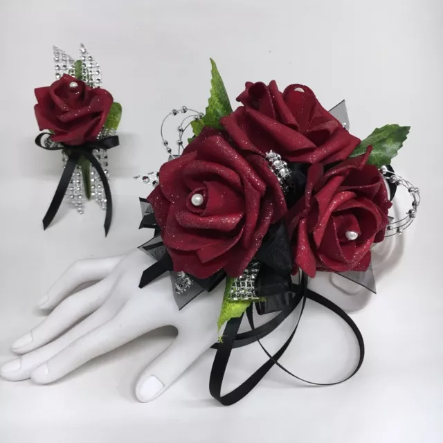 Glamour Triple Burgundy Foam Roses on Black with Silver Trim Prom Corsage  Combo