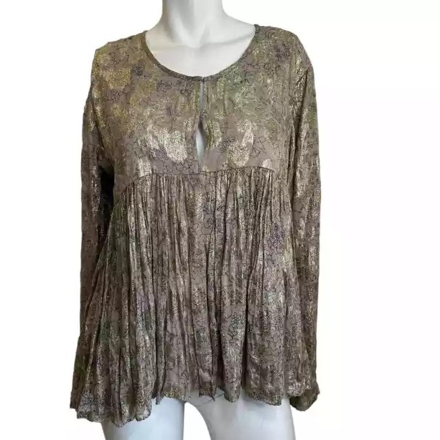 Raga Metallic Gold & Tan Floral Print Roundneck Blouse Sz M NWT