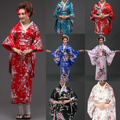 Women Floral Japanese Kimono Satin Robe Yukata Geisha Costume Show Cosplay 2