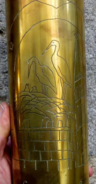 HAND ENGRAVED WWI Trench Art VASE SHELL CASING: CHURCH STORKS NEST IN HORSETOE