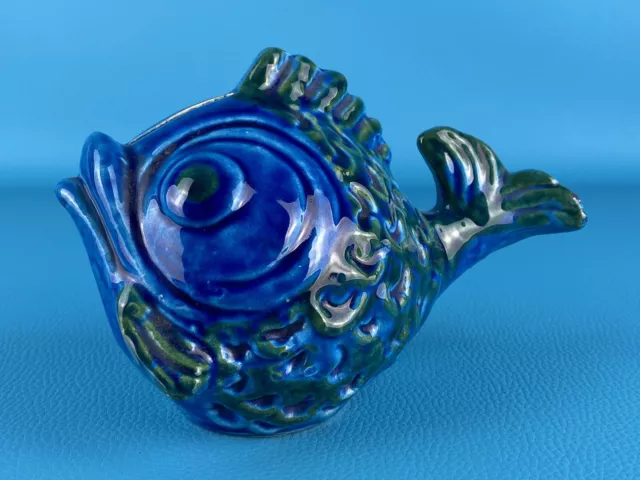 Pesce salvadanaio ceramica Bitossi statua figura blu rimini design 1970