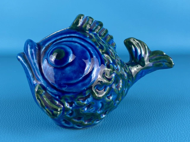 Pesce salvadanaio ceramica Bitossi statua figura blu rimini design 1970