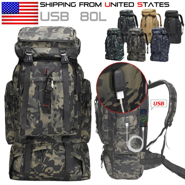 80L Outdoor Military Tactical Backpack Rucksack Camping Hiking USB Port Daypack