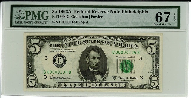 1963A $5 Federal Reserve Note - 1968-C - LOW S/N - PMG 67 EPQ - Philadelphia