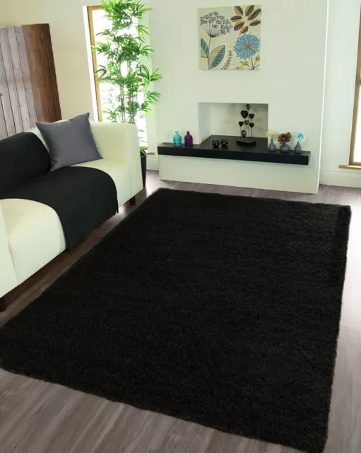 Cosy Black Shaggy Rug | Non Shedding Living Room Rugs | Thick Fluffy Bedroom Mat