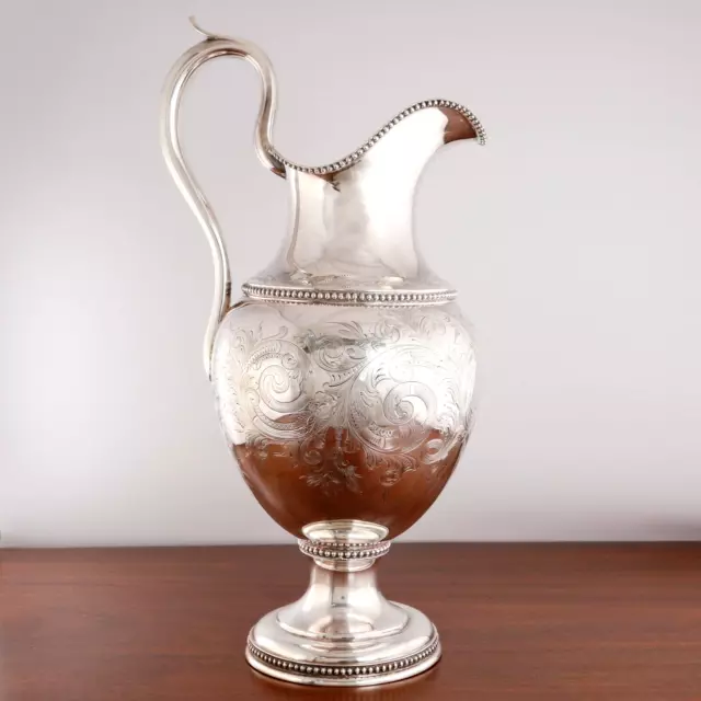 Large Early American Sterling Silver Pitcher Engraved Foliate Floral No Monogram