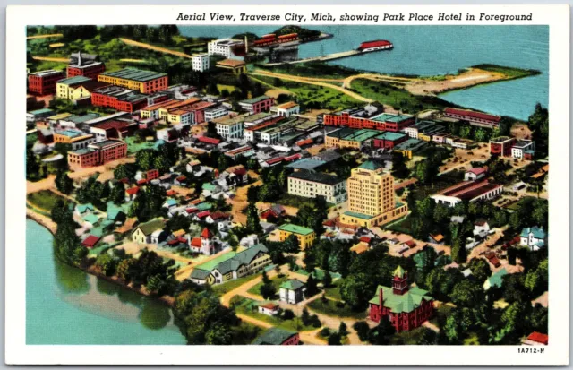 Traverse City Michigan Aerial View Showing Park Place Hotel Aerial View Postcard
