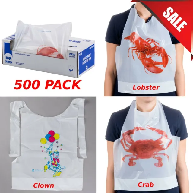 (500-Pack) PICK YOUR DESIGN Bulk Restaurant Disposable Seafood White Bib Poly