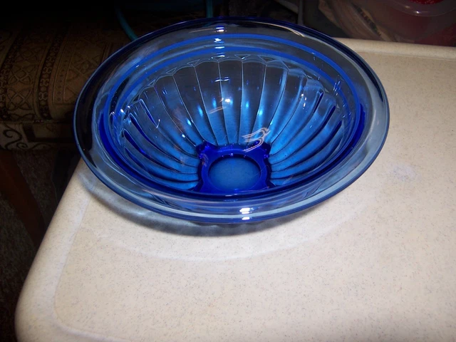 Hazel Atlas Blue Ribbed Mixing Bowl Rolled Rim 2 White Lines Excellent