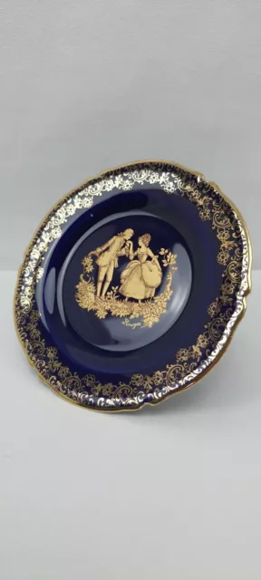 Assiette Miniature Porcelaine LIMOGES CASTEL Bleu Cobalt et Or Scène Galante 3