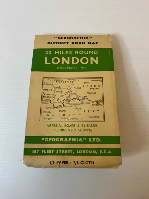 Vintage "Geographia" Cloth Map, 20 Miles Round London, Arterial & Bypass Roads