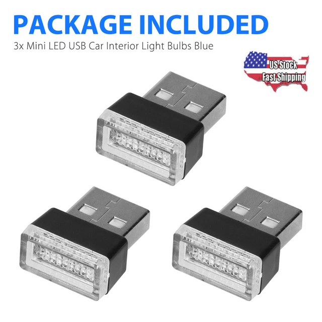 Blue 3x Mini LED USB Car Interior Light Neon Atmosphere Ambient Lamp Accessories