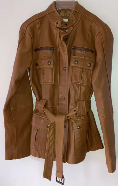 Neiman Marcus NM Lambskin Leather Safari Biker Jacket Belted Womens Medium EUC