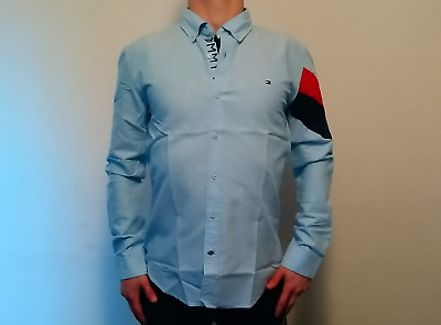 Camicia poplin Tommy Hilfiger uomo maniche lunghe blu aderente nuovo top
