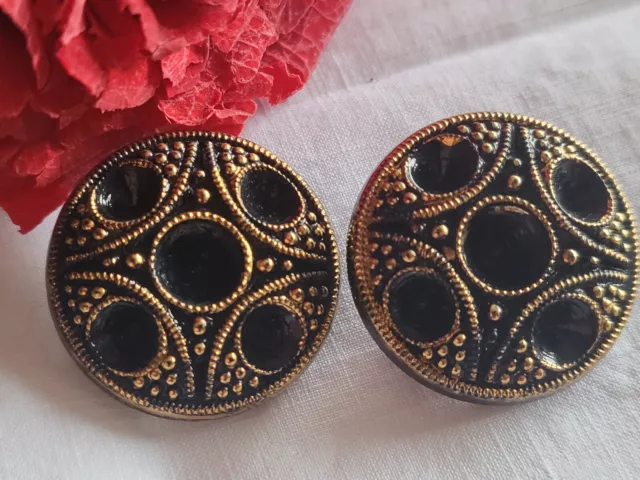 Duo boutons gros ancien en verre noir doré  à strasser  2,2  cm D5H
