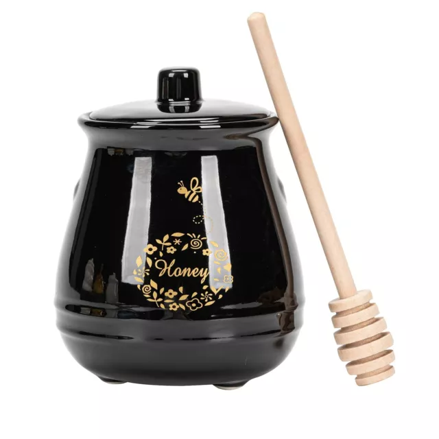 Ceramic Honey Pot with Lid and Wooden Dipper, 12oz Black Porcelain Honey Jar ...